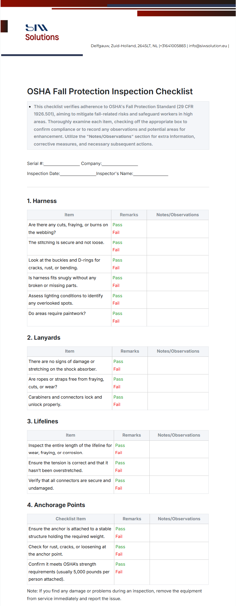 OSHA checklist for fall protection inspection